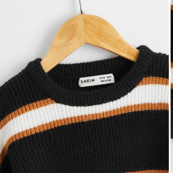Shein XS Striped Mens Sweater Orange White Black - Picture 3 of 4